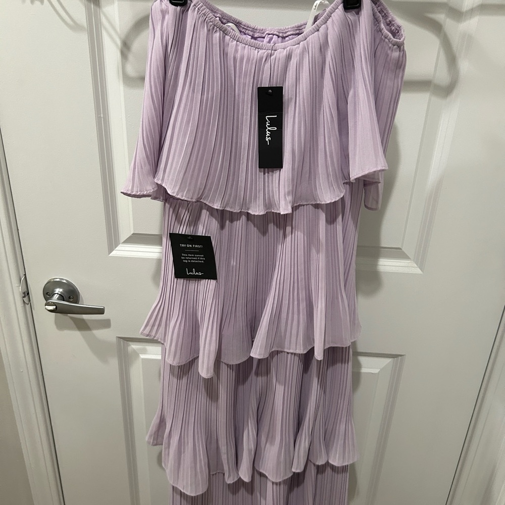 Gala Ready lavender off the shoulder ruffle midi dress